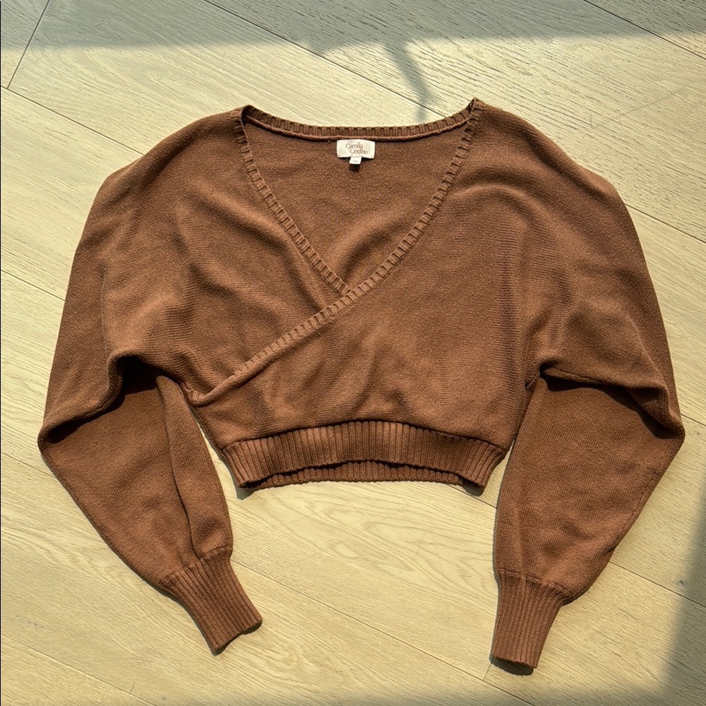 Camila Coelho Brown V-Neck Revolve Cropped Sweater XS